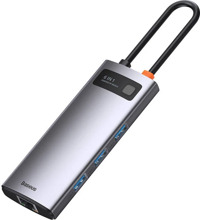 Večfunkcijski USB-C hub Baseus Metal Gleam Series CAHUB-CW0G, 6 v 1, 3x USB 3.0 + HDMI + USB-C PD + Ethernet RJ45, siv