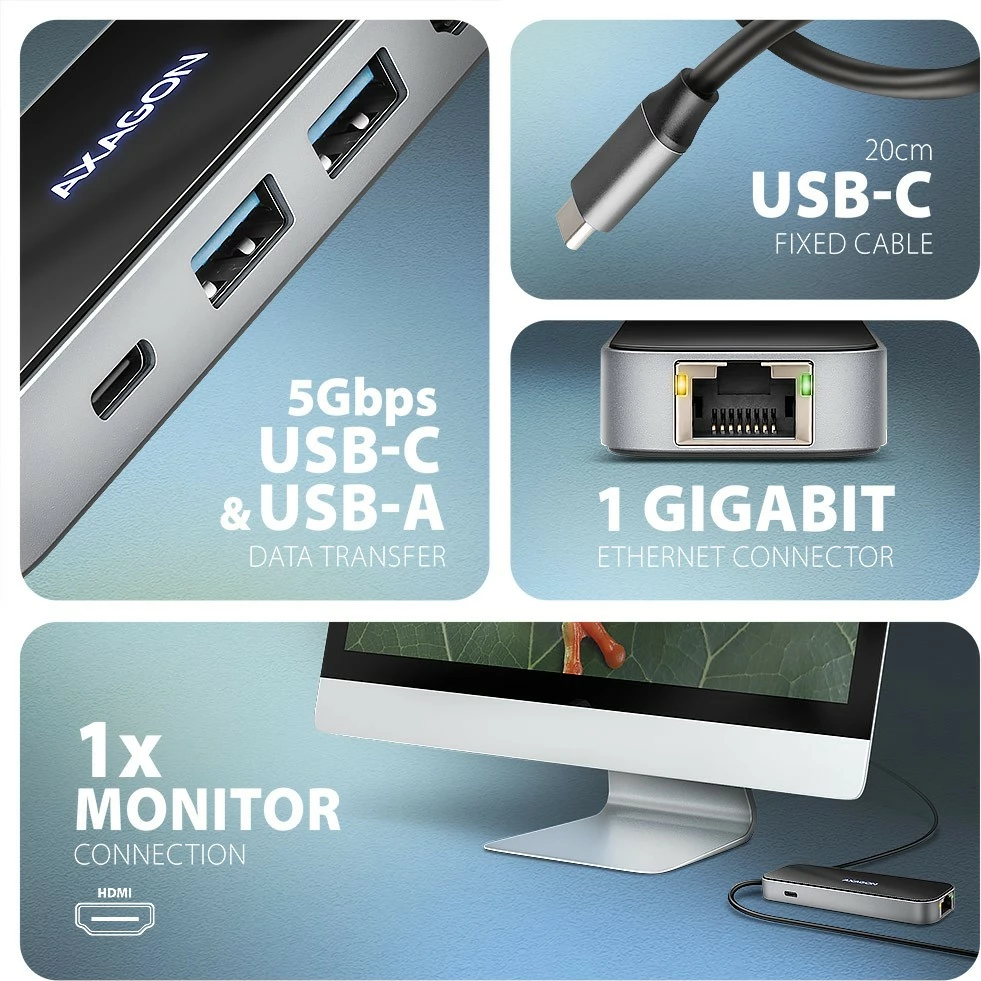 Multiportni USB-C hub 6-v-1, 5Gbps, 2x USB-A, 1x USB-C, GLAN, HDMI 4K/60Hz, PD 100W, 20 cm, črn/srebrn — AXAGON HMC-6GLN