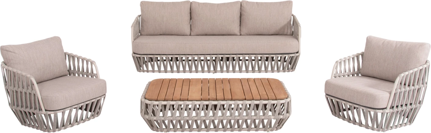 Zunanji vrtni garnitura 4-delna, kremno-bež, aluminij-čekan bež vrvica, OLEFIN blago & naravni TEAK les SABO FH6208.02