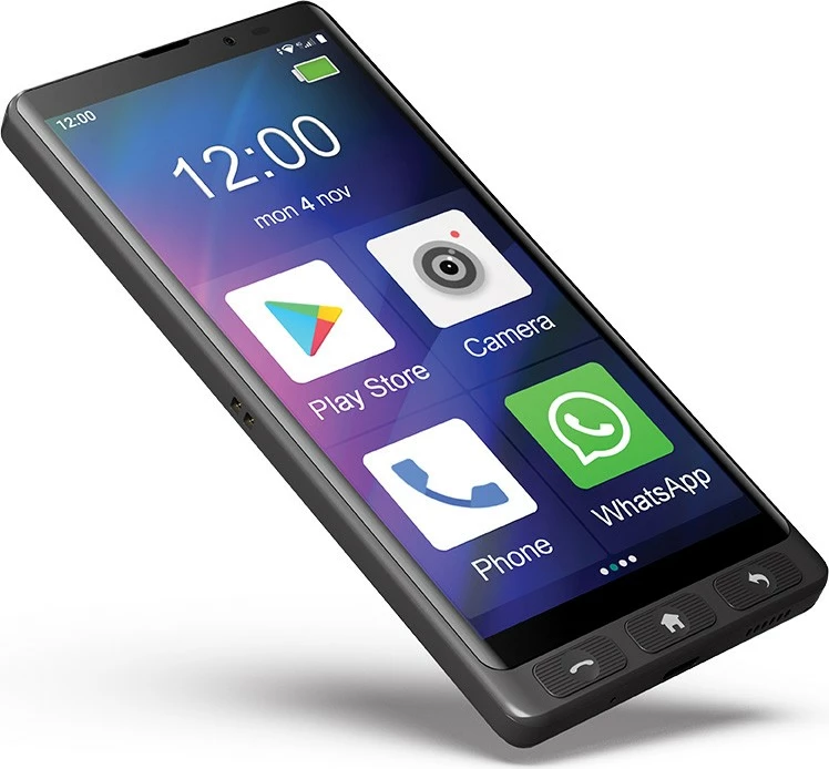 Pametni telefon Maxcom MS601, 4 GB RAM, 64 GB, 6", Android 14, črn, z ovitkom za telefon in namiznim polnilcem