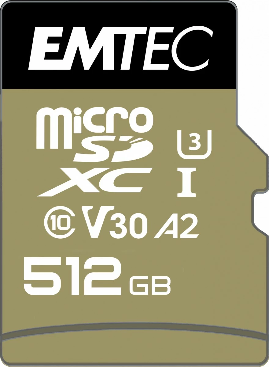 Kartica MicroSDXC 512 GB, EMTEC ECMSDM512GXC10SP, Class 10 UHS-I A2, črno/ zlata