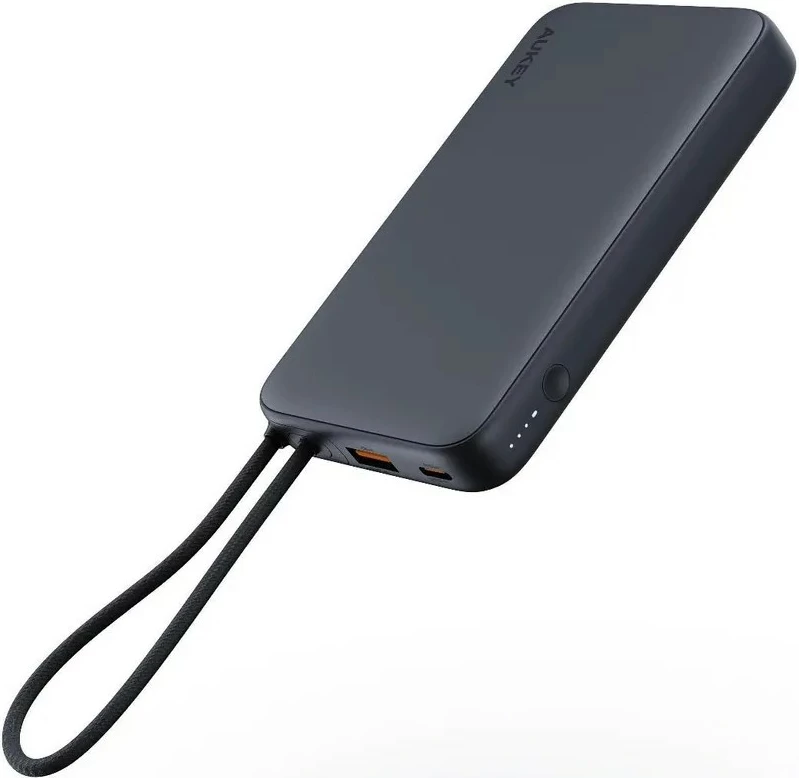 Power bank 10000 mAh, 22.5W, 4×USB, z vgrajenim kablom USB-C, AUKEY Spark Sling PB-Y53P, črn