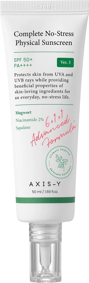 Krema za zaščito pred soncem za obraz Complete No-Stress Physical Sunscreen V.3, AXIS-Y, za ženske, SPF50+, 50 ml