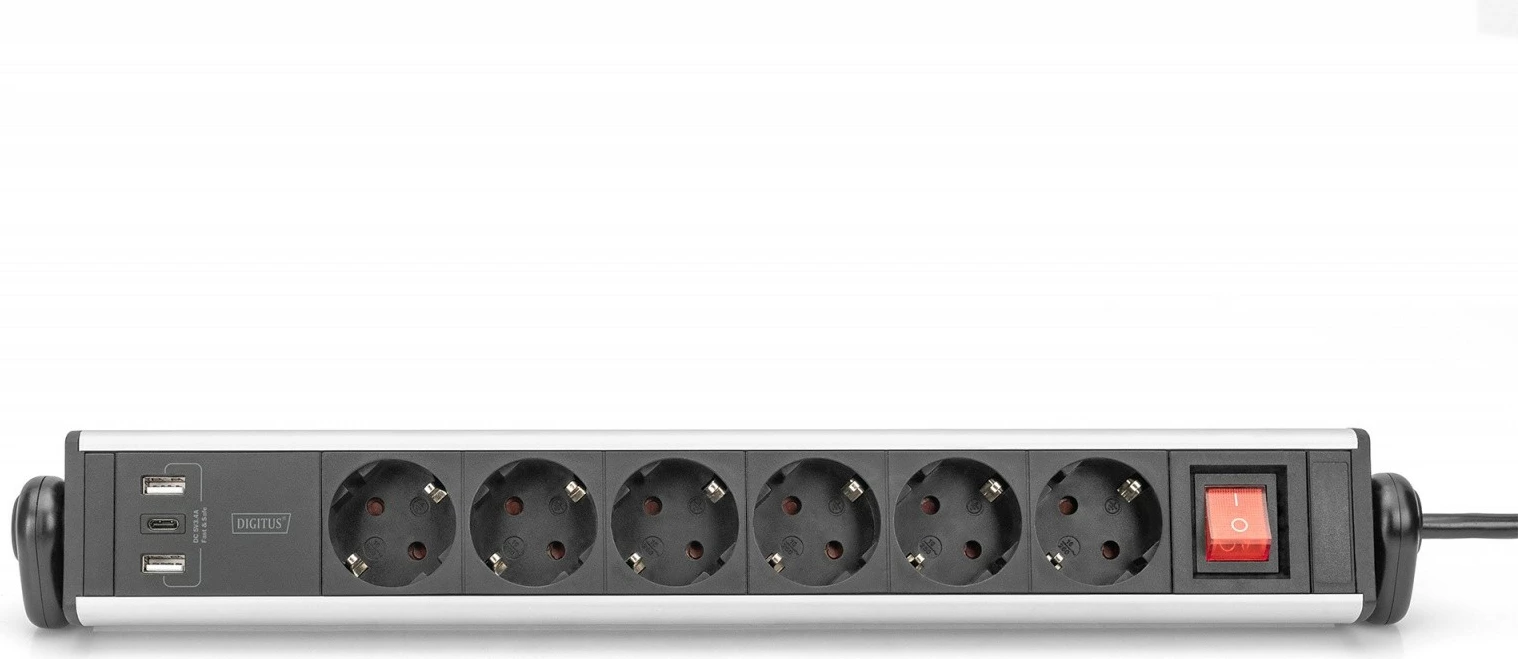 Večvtična vtičnica z aluminijastim ohišjem, 6 Schuko izhodov, 2x USB-A, 1x USB-C, s sponko, črno/srebrna — Digitus DA-70624
