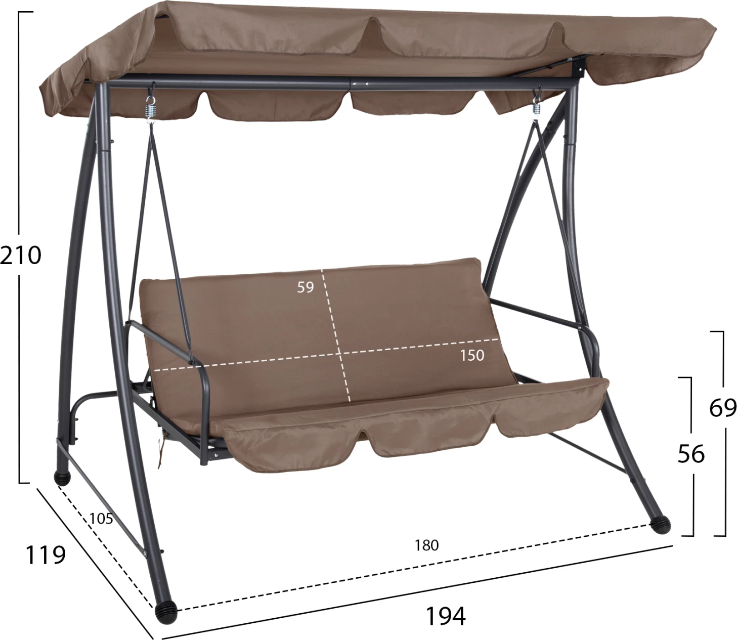 Gugalnica-postelja za verando s 3 sedeži LIKID FH5980.02 kovinski okvir v sivi barvi-tkanina v svetlo rjavi barvi 200x120x164H cm