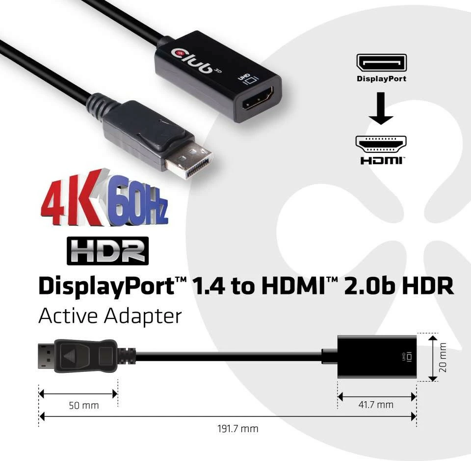Adapter za DisplayPort v HDMI Club3D, 4K 60Hz, HDR, črn