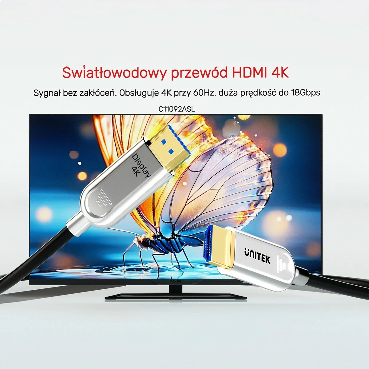 Optični HDMI kabel Unitek 2.0 AOC 4K 60Hz 60 m, srebrno-črn