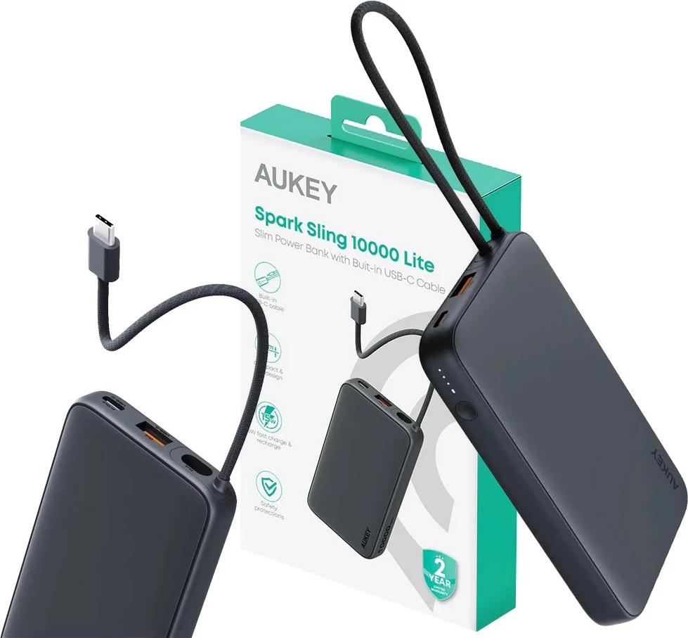 Power bank 10000 mAh, 22.5W, 4×USB, z vgrajenim kablom USB-C, AUKEY Spark Sling PB-Y53P, črn