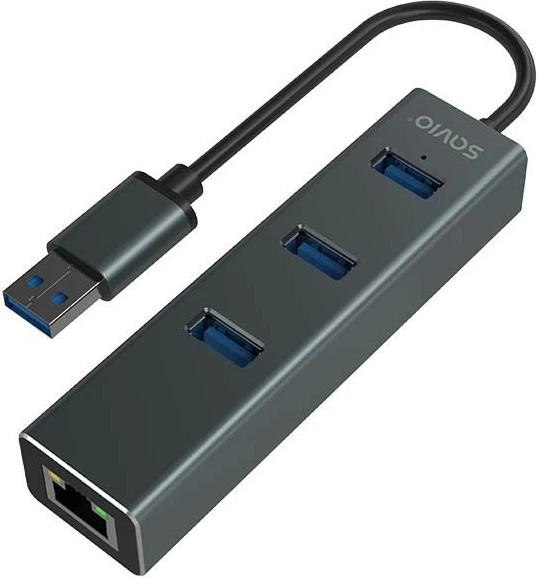 Adapter z 3 vrati USB-A 3.1 Gen 1 in RJ-45 Gigabit Ethernet, Savio AK-58, temno siv