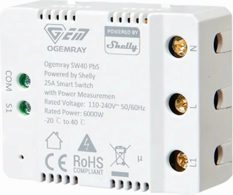 Pametno rele Shelly PbS Ogemray 25A, Wi‑Fi, Bluetooth, belo