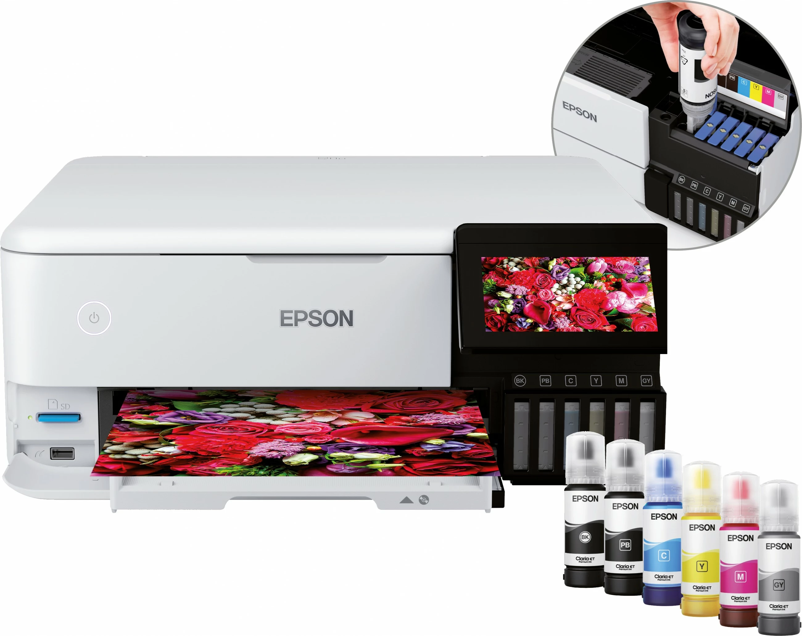 Večfunkcijski tiskalnik Epson EcoTank ET-8500, A4, Wi‑Fi, 6 barv, zaslon na dotik, bel