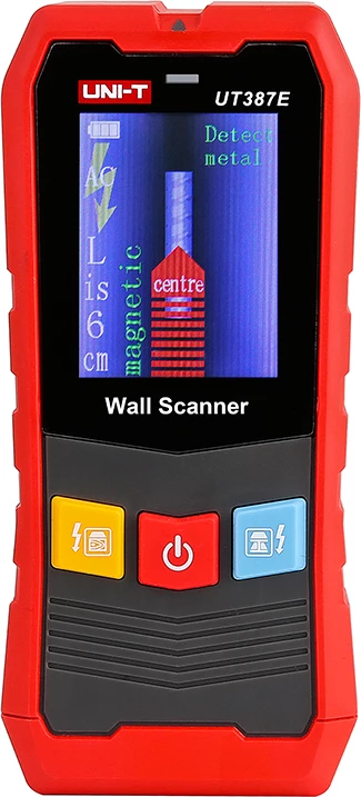 Skenirnik sten in detektor skritih materialov, UNI-T UT387E, zaslon 2,4", zaznava kovin/lesa/napetostnih žic do 100 mm, Li-ion baterija z USB, rdeče-siv