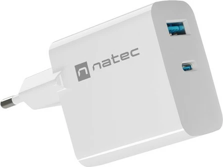 Stenski polnilec GaN, Natec Ribera, 45W, 1x USB-A + 1x USB-C, bel