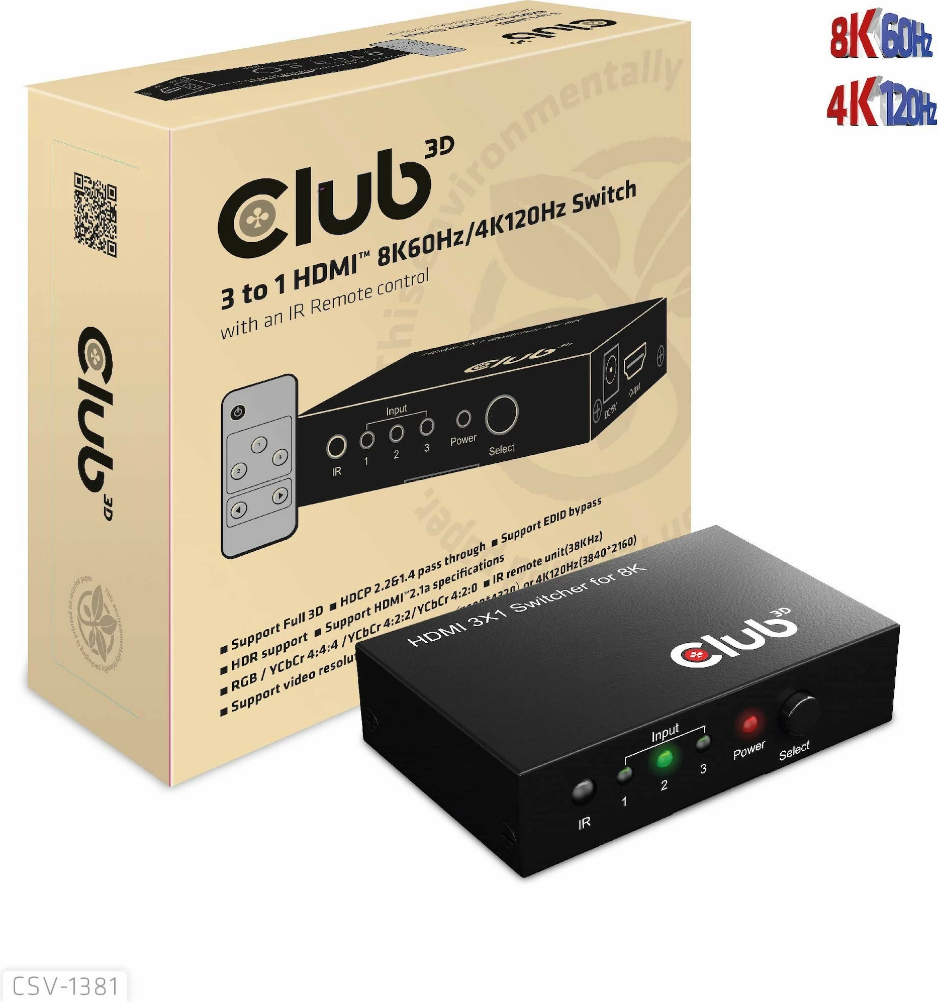 HDMI stikalo Club3D CSV-1381, 3 v 1, 8K60Hz, z daljinskim, črno