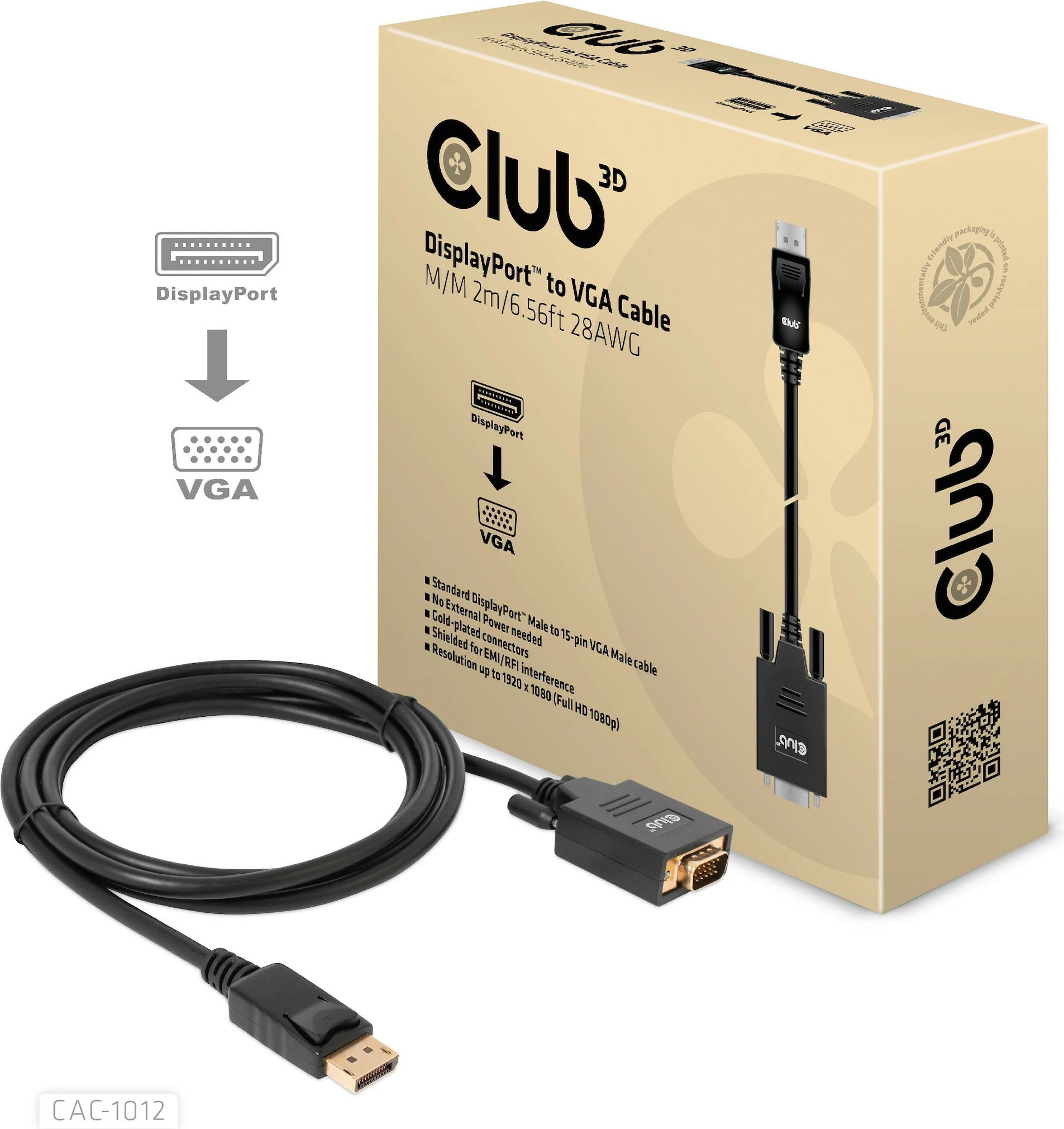 Kabel DisplayPort na VGA Club3D 2 m, črn