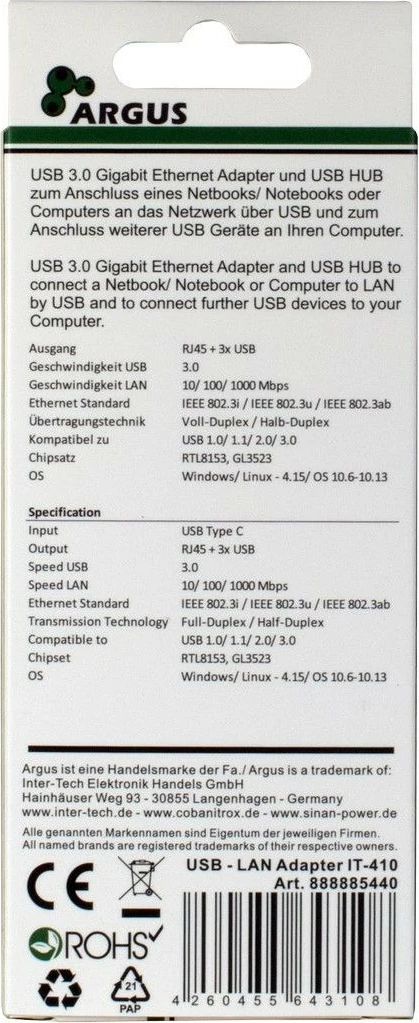USB razširitveni hub Inter-Tech ARGUS IT-410, USB 3.2 Gen 1, Type-C, črn