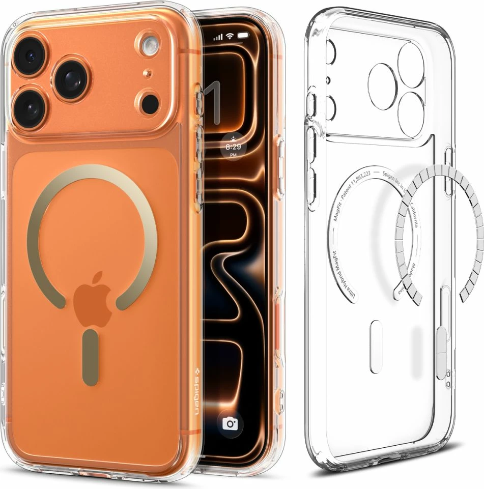 Ovitek za pametni telefon iPhone 17 Pro Spigen Ultra Hybrid MagSafe, TPU+PC, z vgrajenim magnetnim obročem, prosojno zlata