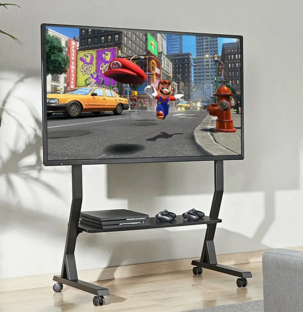 Mobilni stojalo za TV, Techly 366983, za zaslone 45–90 palcev, 60 kg, s policami, črno