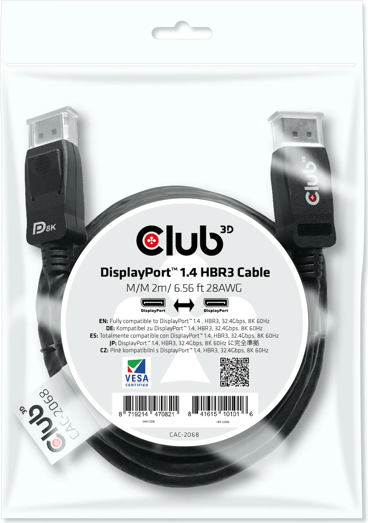 Kabel DisplayPort 1.4 HBR3 2 m, črn — Club3D
