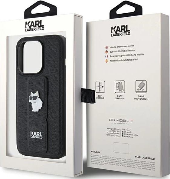 Ovitek Gripstand Saffiano Choupette Pins za iPhone 15 Pro Max, Karl Lagerfeld, črn