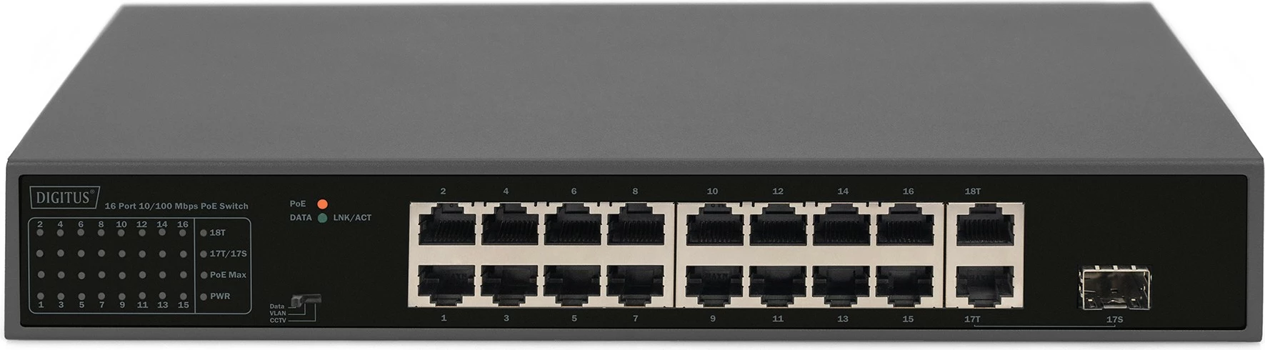 16-portni switch PoE, 10/100, 1U, črn Digitus