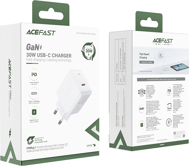 Stenski polnilec Acefast A21, USB-C, 30W, GaN, bel