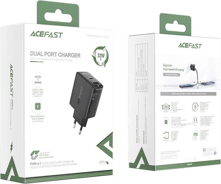 Stenski polnilec Acefast A5, 32W, 2 vrata USB-C/USB-A, črn