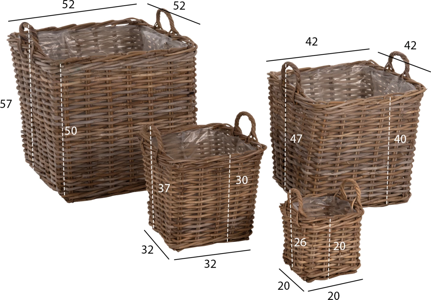 Dekorativne košare KATER 4 kosi FH9657 KUBU ratan v sivi barvi 52x52x50-57H cm