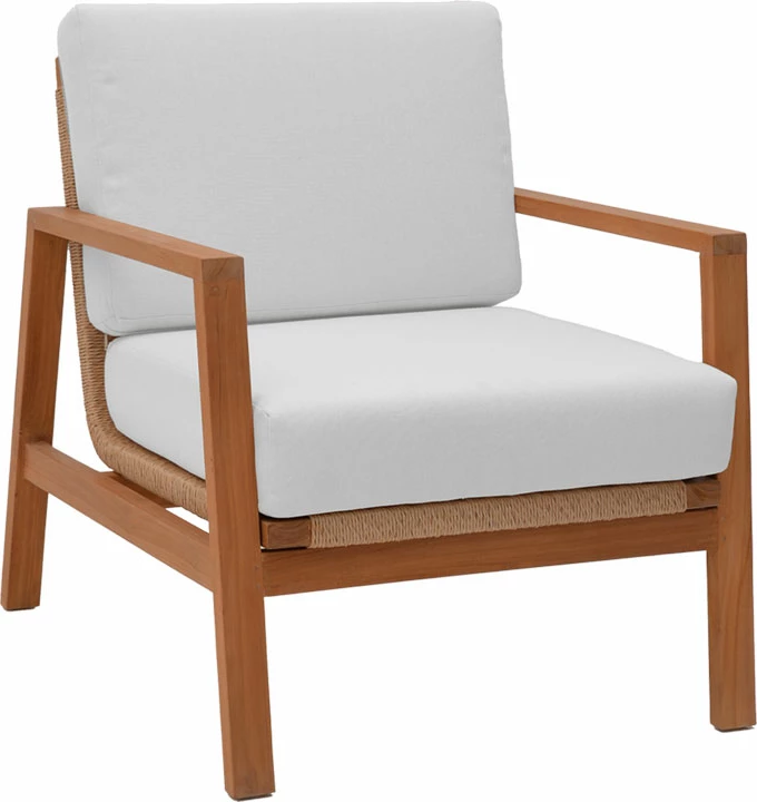 Lounge set, 4-delni, naravni tikov les, beli blazini, naravni ratan Doumain