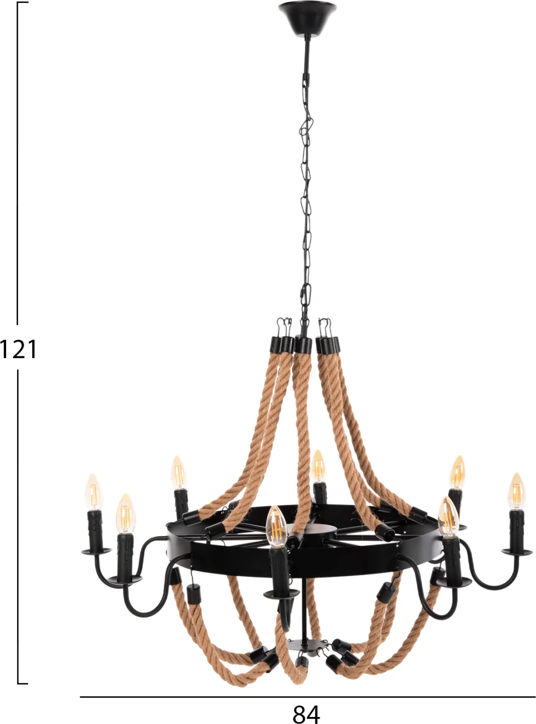 Stropna viseča svetilka z 8 lučmi FH4178 vrv in črna kovina 84x84x121Hcm