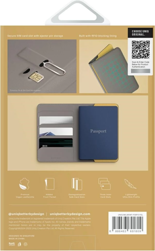 Ovitek za potni list UNIQ Belmont, RFID zaščita, sivo/vinsko rdeč