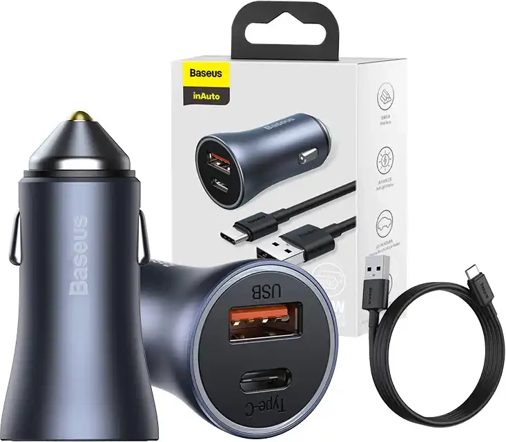 Avtomobilski polnilnik 40W, USB + USB-C, QC4.0+, PD, SCP, siv + USB–USB-C kabel 1 m, črn Baseus Golden Contactor Pro