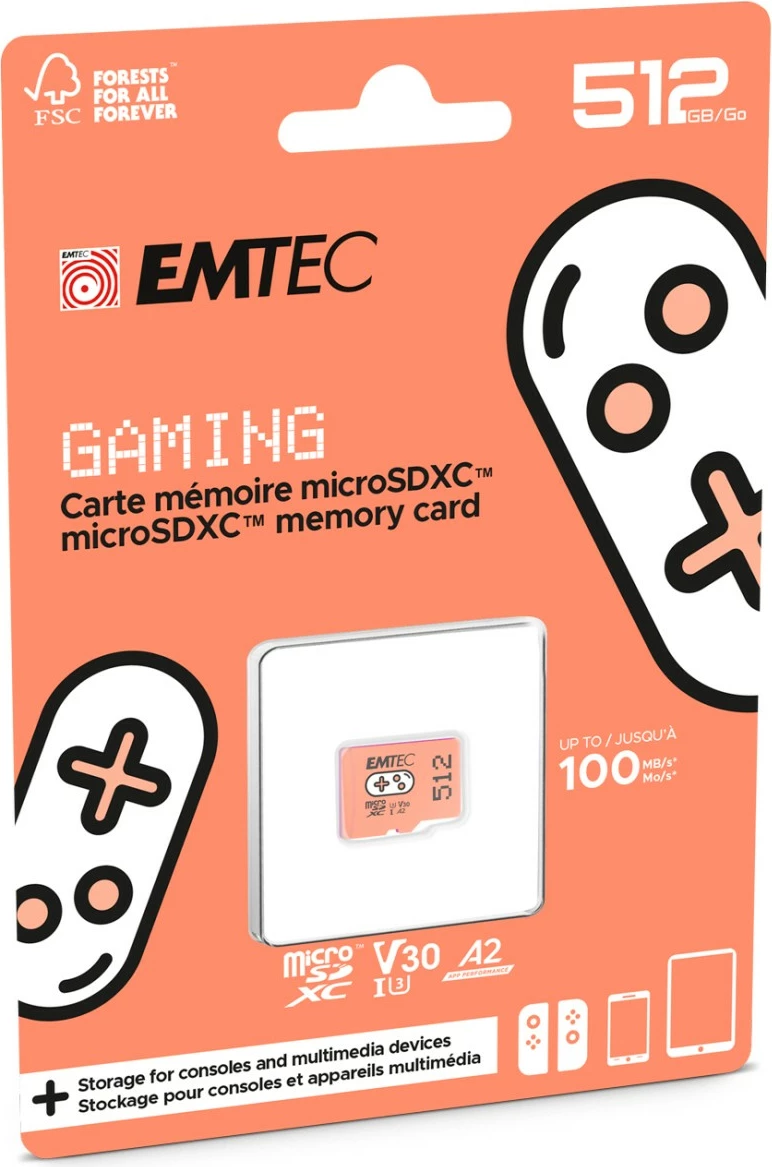Kartica MicroSDXC za igre 512GB, EMTEC, UHS-I U3 V30 A2, oranžna