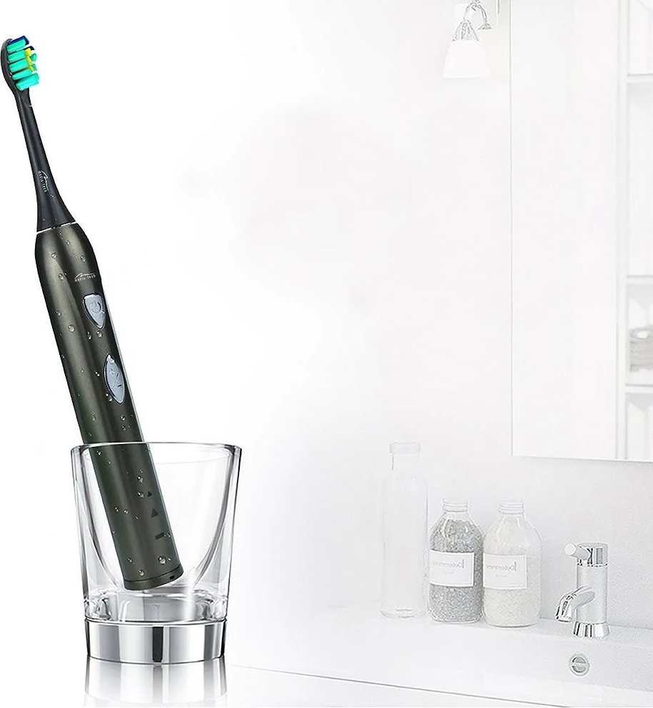 Sonična električna zobna ščetka Media-Tech MT6510, z vgrajeno baterijo, črna, komplet z 2 glavi in potovalno škatlico