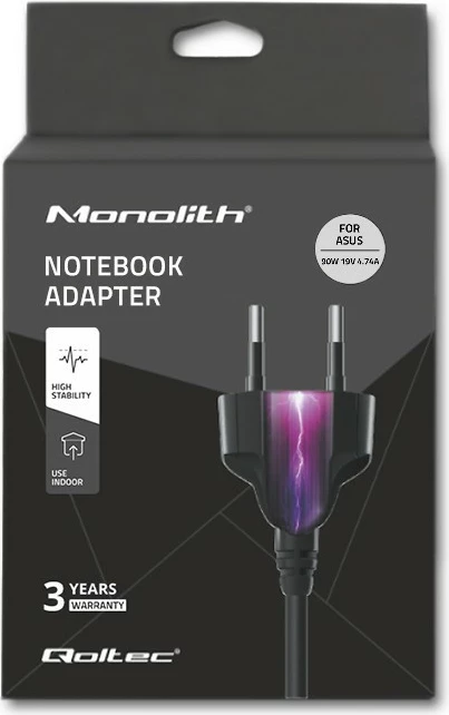Napajalnik za prenosnik Qoltec za Asus, 90 W, 19 V, 4,74 A, 5,5 x 2,5 mm, črn