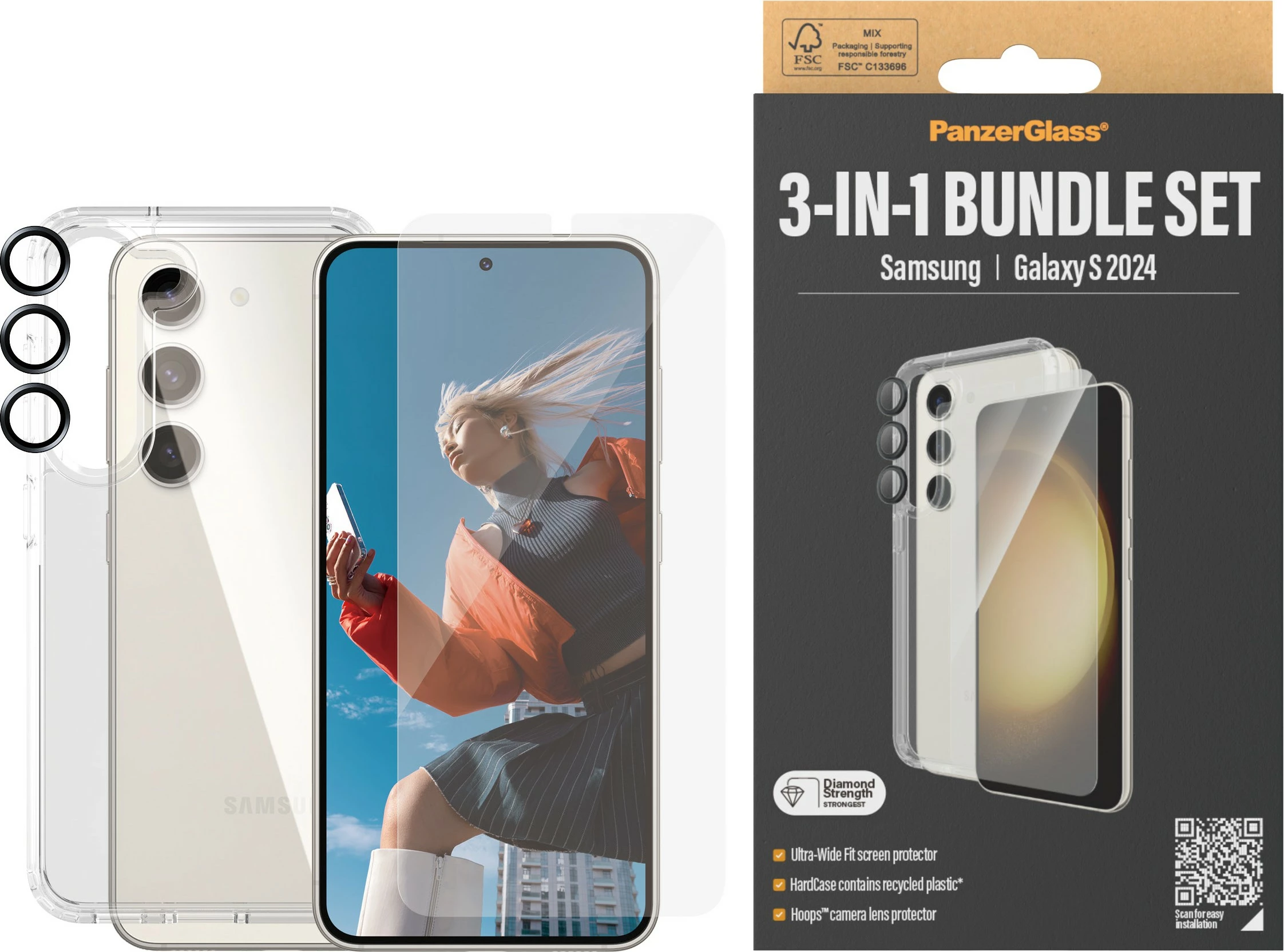 Transparenten 3-v-1 zaščitni komplet za Samsung Galaxy S24 PanzerGlass