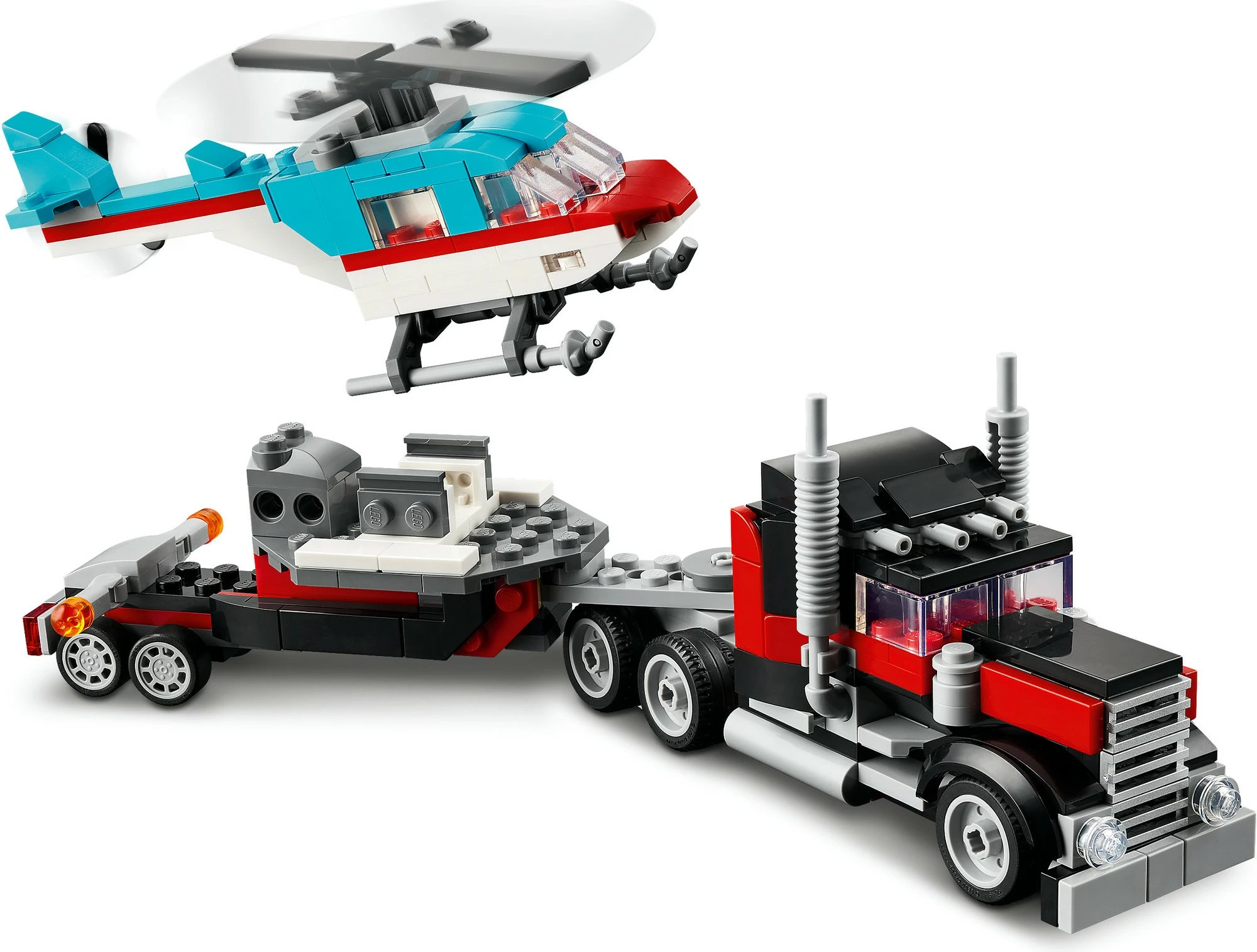 Set za gradnjo LEGO Creator 3 v 1, tovornjak s platformo in helikopter, 270 kosov, večbarven