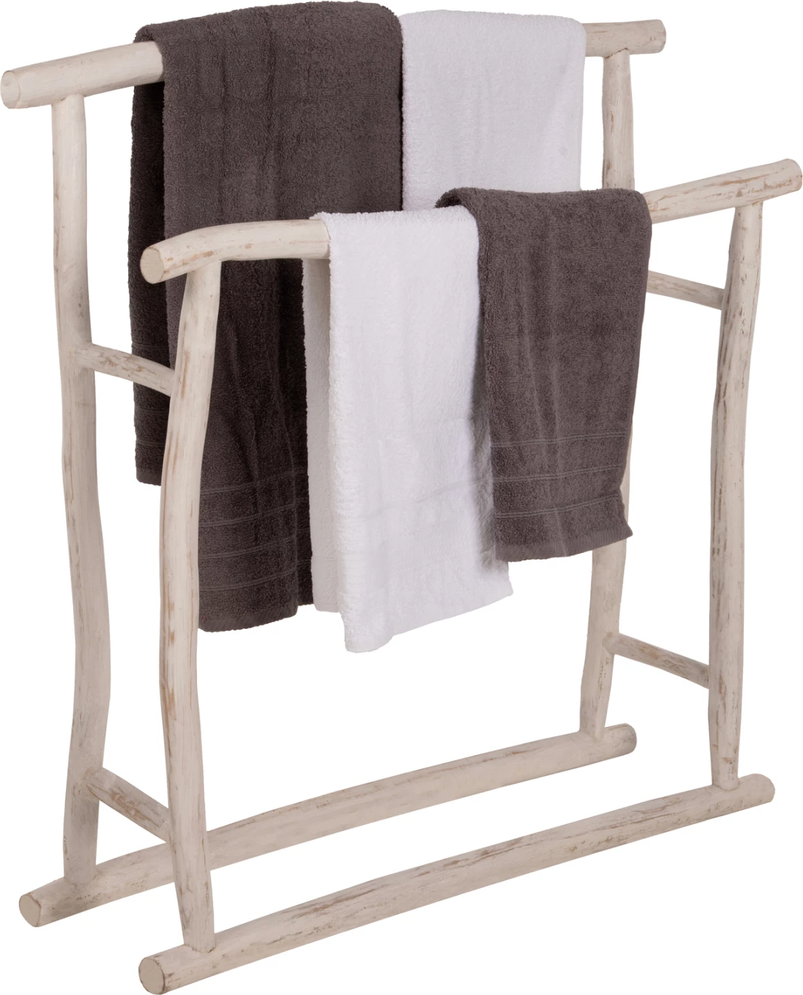Obešalnik za brisače iz vej TEAK v beli patini 90x28x77-91Hcm