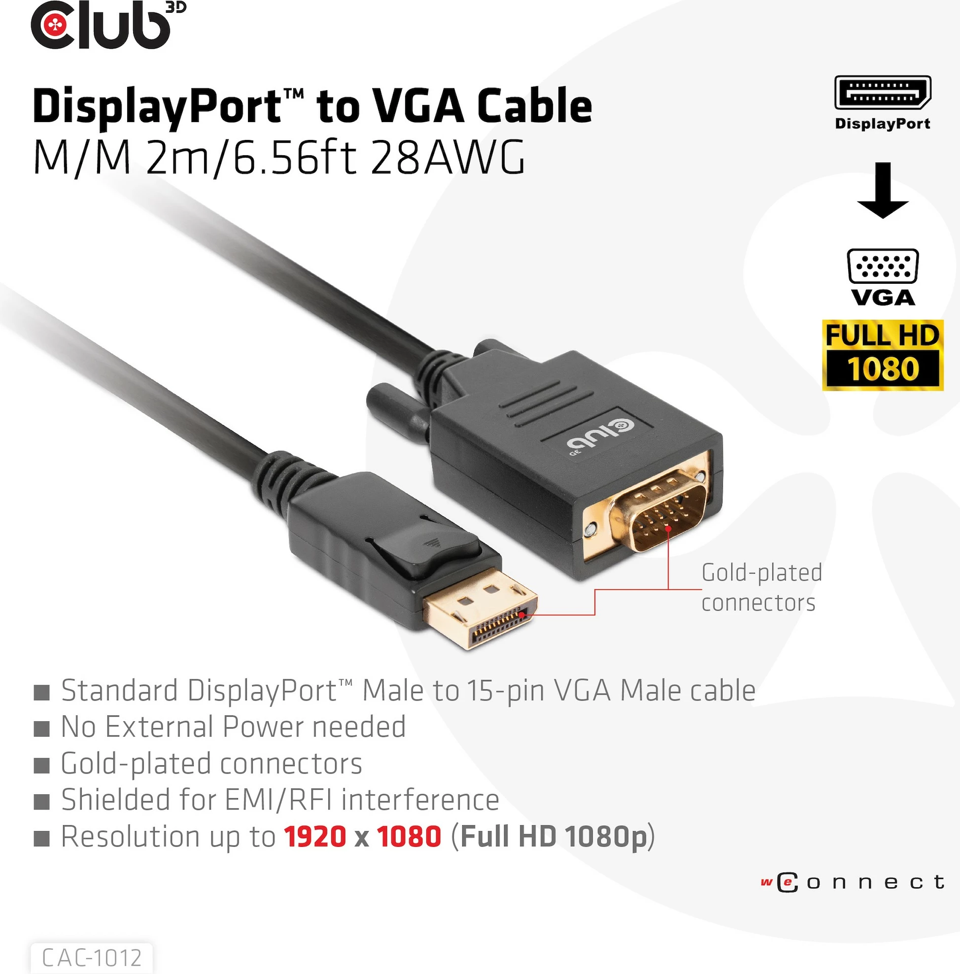 Kabel DisplayPort na VGA Club3D 2 m, črn