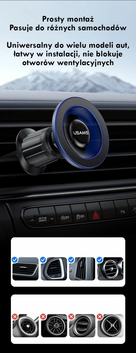 Magnetno držalo za reže prezračevanja za pametni telefon, USAMS ZJ081 (USA001646), 360° rotacija, montaža s sponko, črno