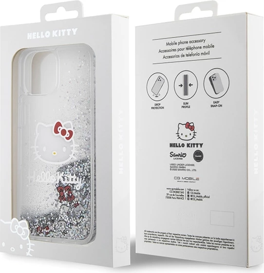 Ovitek za telefon z tekočimi bleščicami 'Liquid Glitter Charms' Kitty Head, Hello Kitty, za iPhone 15, srebrn