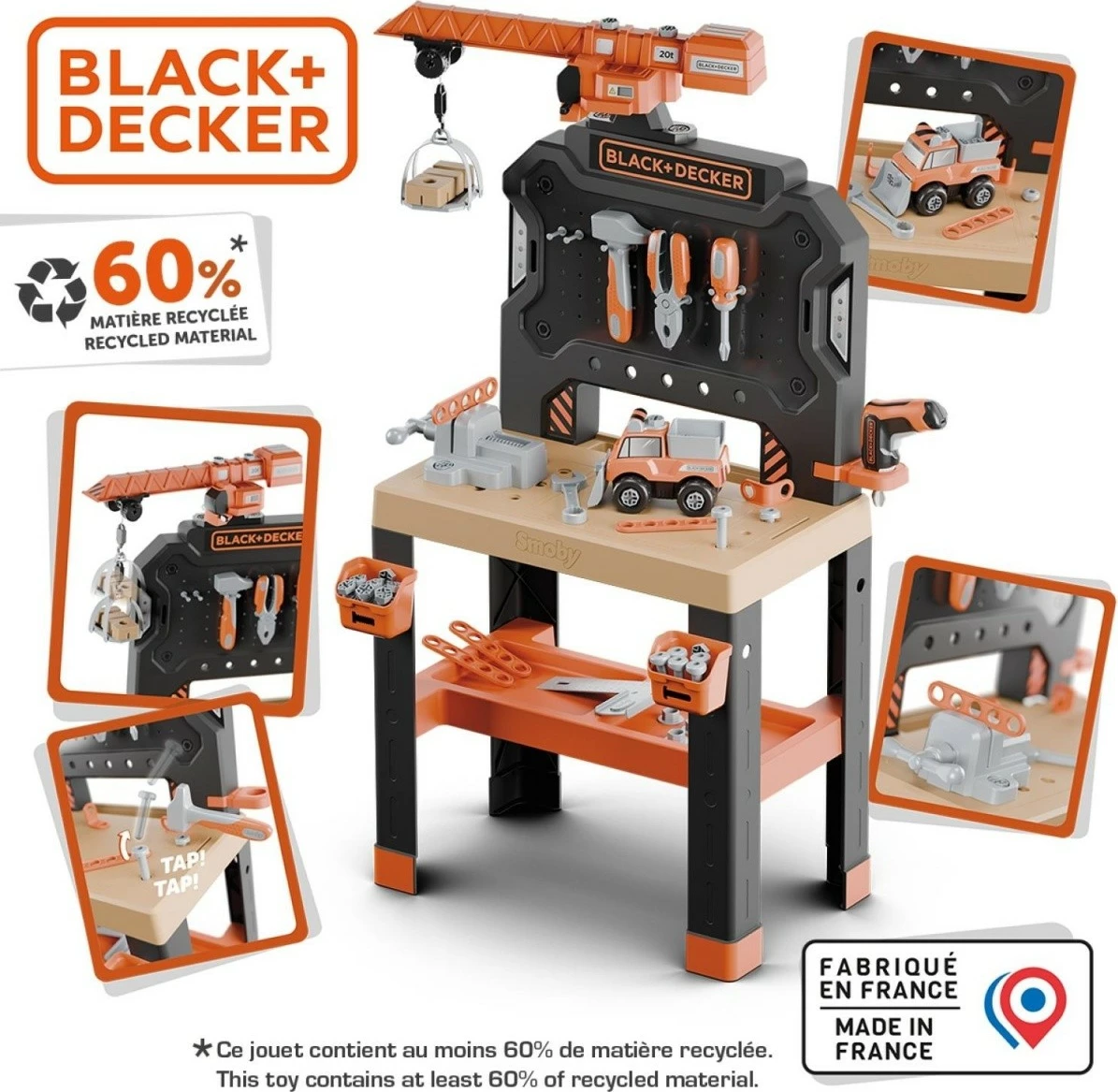 Delavnica z dvigalom Smoby Black+Decker Bricolo Builder, komplet igrač, 87 kosov