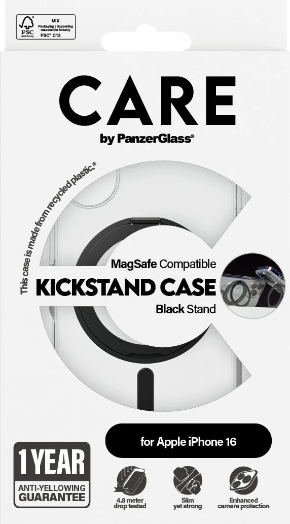 Prozoren ovitek PanzerGlass CARE Case, iPhone 16, MagSAFE, stojalo (Kickstand)