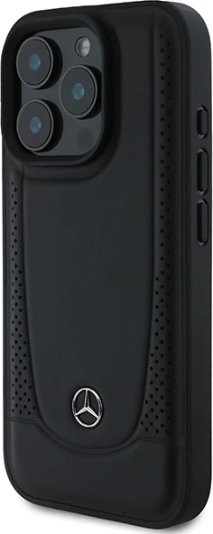 Ovitek za telefon iz usnja, črn — Mercedes za iPhone 16 Pro Max