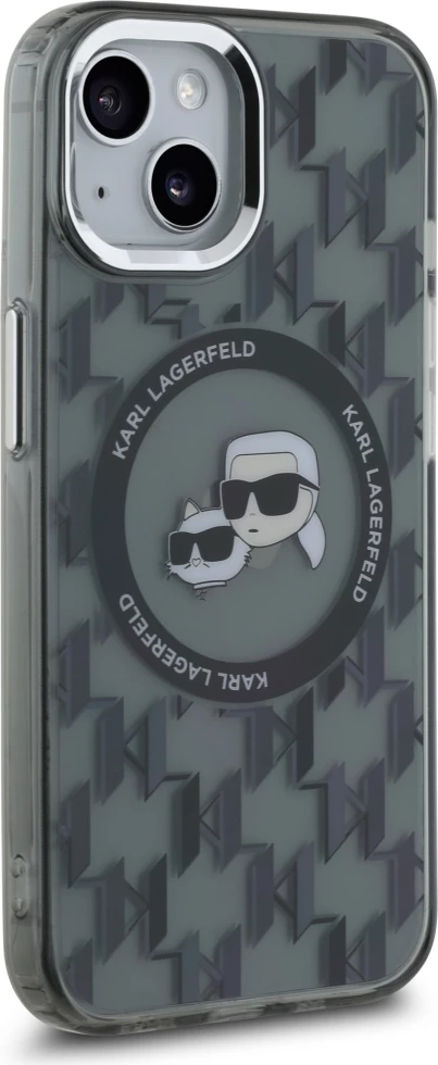 Ovitek Karl Lagerfeld IML Monogram Karl & Choupette Head MagSafe za iPhone 15 Plus, črn