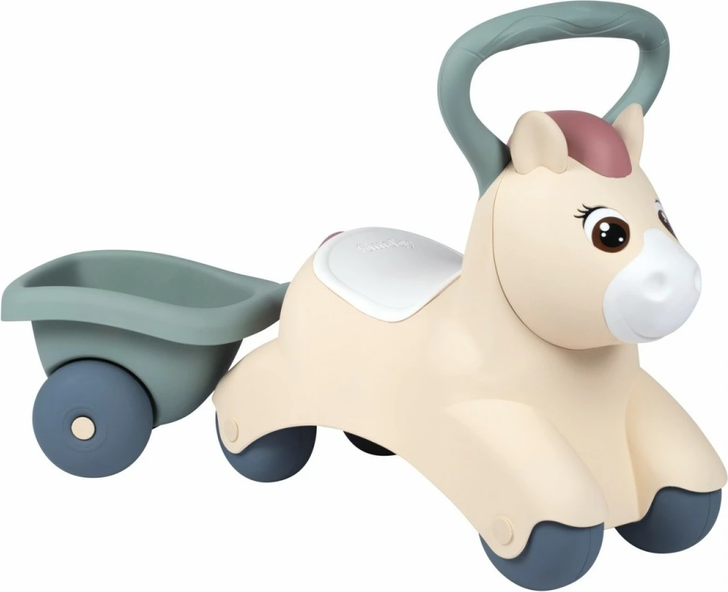 Jezdljiva igrača Baby Pony Smoby 7600140502, plastika, bež/siva/bela, s prikolico