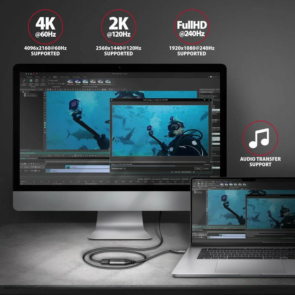 Aktivni adapter USB-C na HDMI 2.0, 25 cm, AXAGON RVC-HI2M, siv