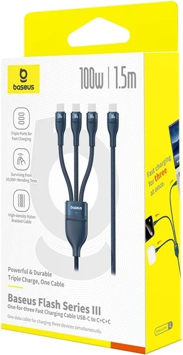 Kabel za hitro polnjenje Baseus Flash Series Type-C na C+C+C, 480 Mbps, 1,5 m, moder
