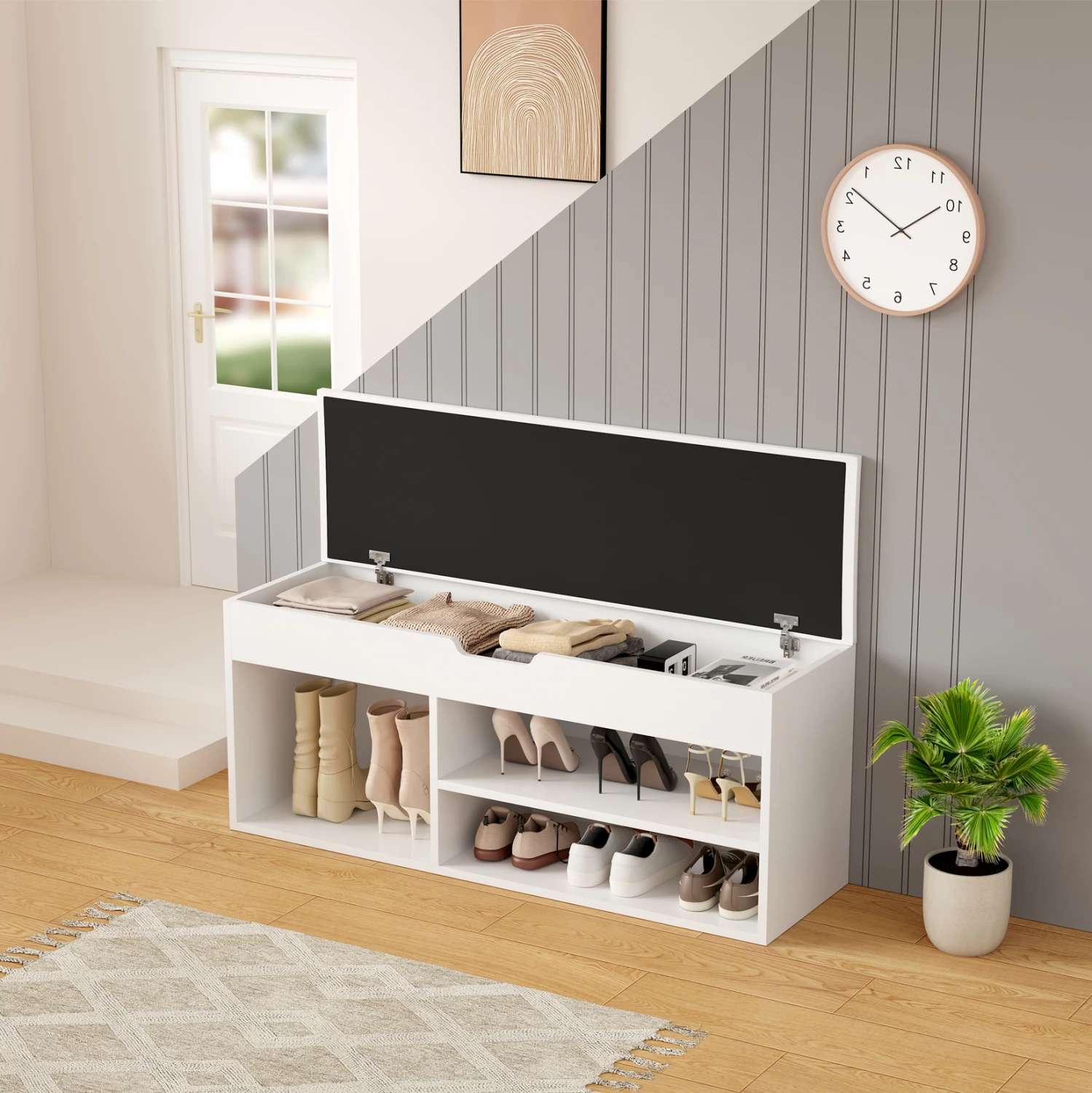 Stojalo za čevlje z sedežem ROMIR FH2478.03 melamin v beli barvi-beli sedež 100x30x44Hcm