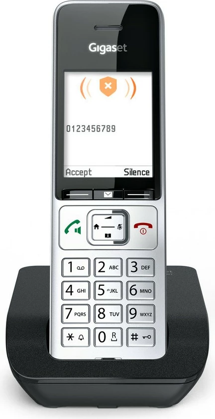 Brezžični telefon Gigaset COMFORT 500, DECT, zvočnik, 200 stikov, ID klicatelja, črno-srebrn